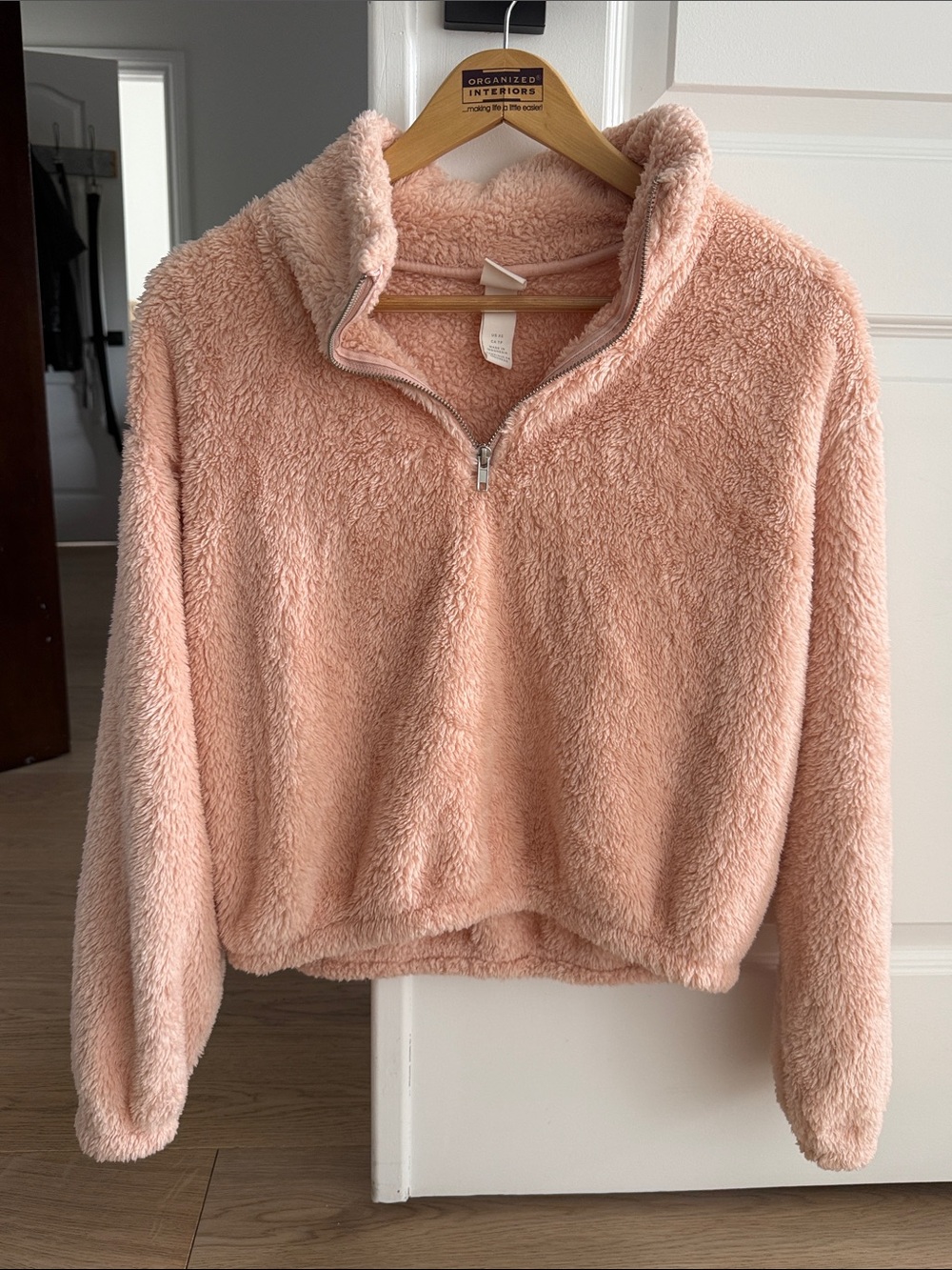 H&M Plush Half-Zip Teddy Jacket in Light Pink